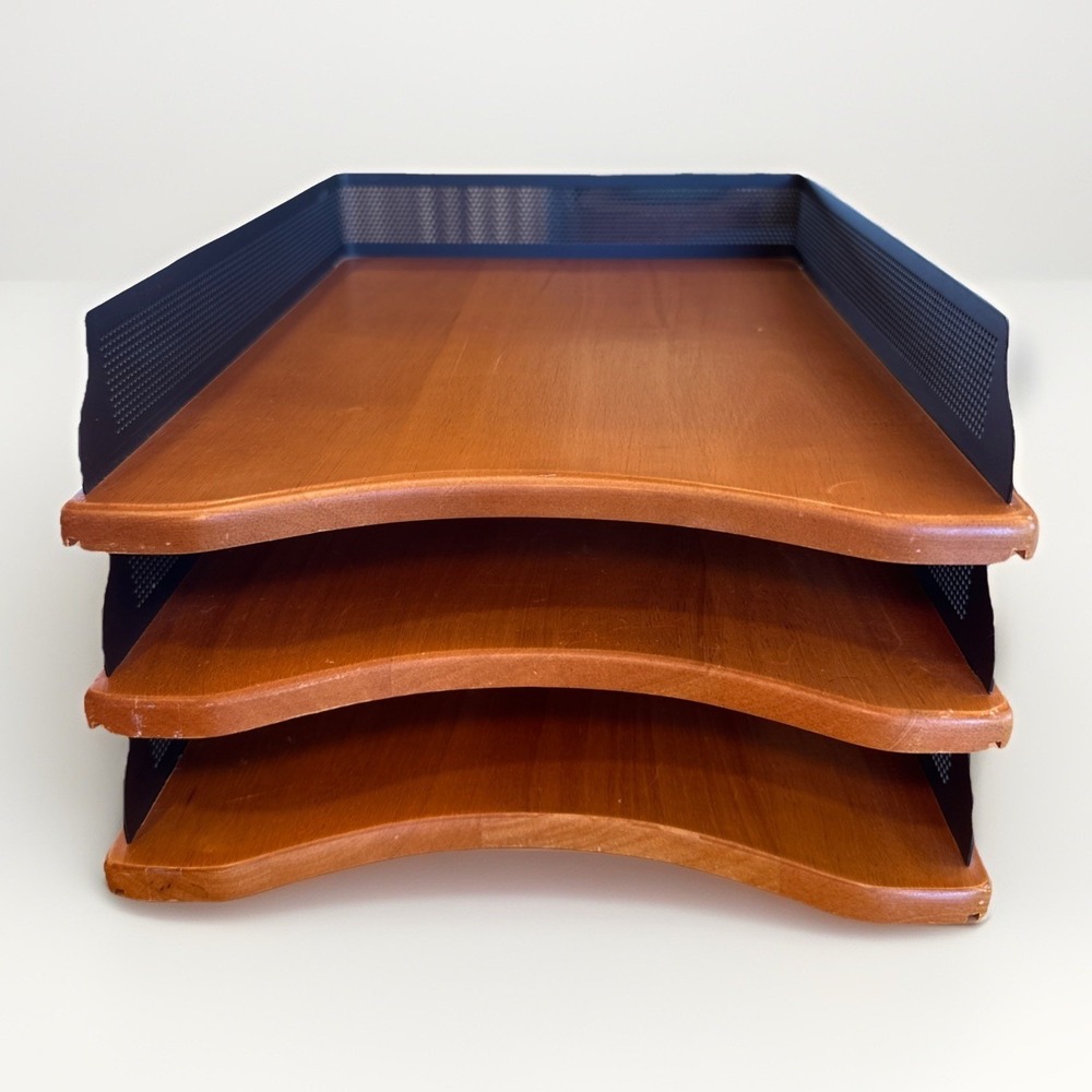 Vintage Eldon Expressions Metal & Wood Stacking Letter Trays Desk Organizer (3)